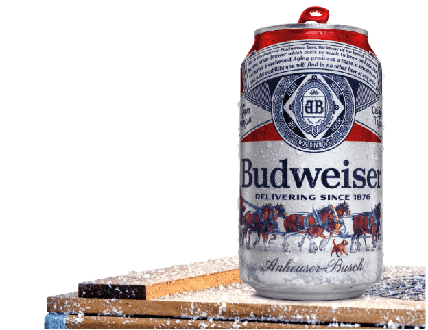 Budweiser can on a wooden snowy platform